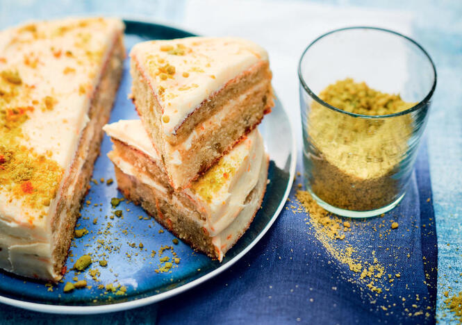 Tupperware Pistachio Cardamom Cake with Orange Frosting 
